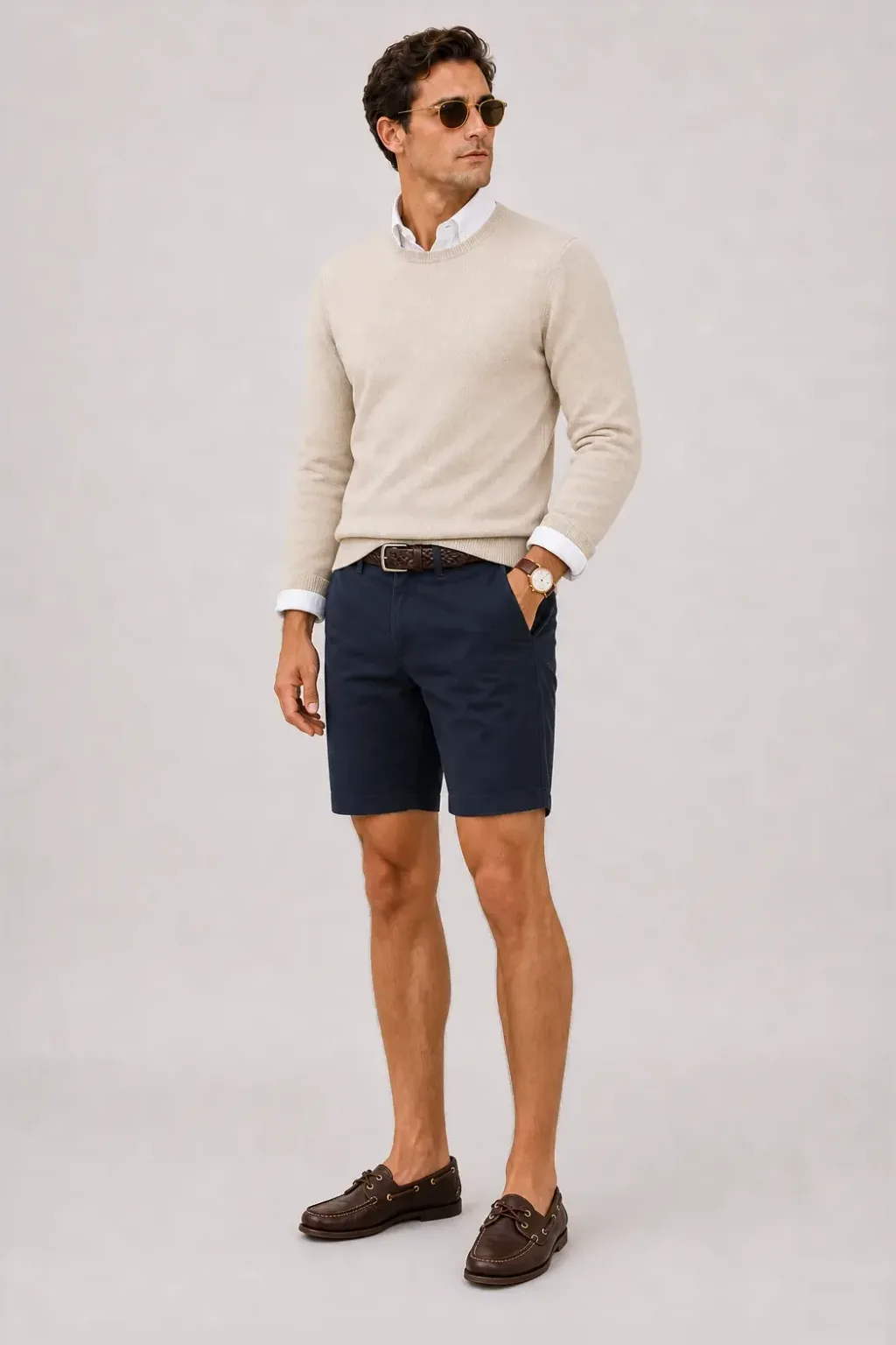 Crewneck-Pullover Feinstrick Beige über Button-Down-Hemd, dazu Chino-Shorts Navy und Bootsschuh