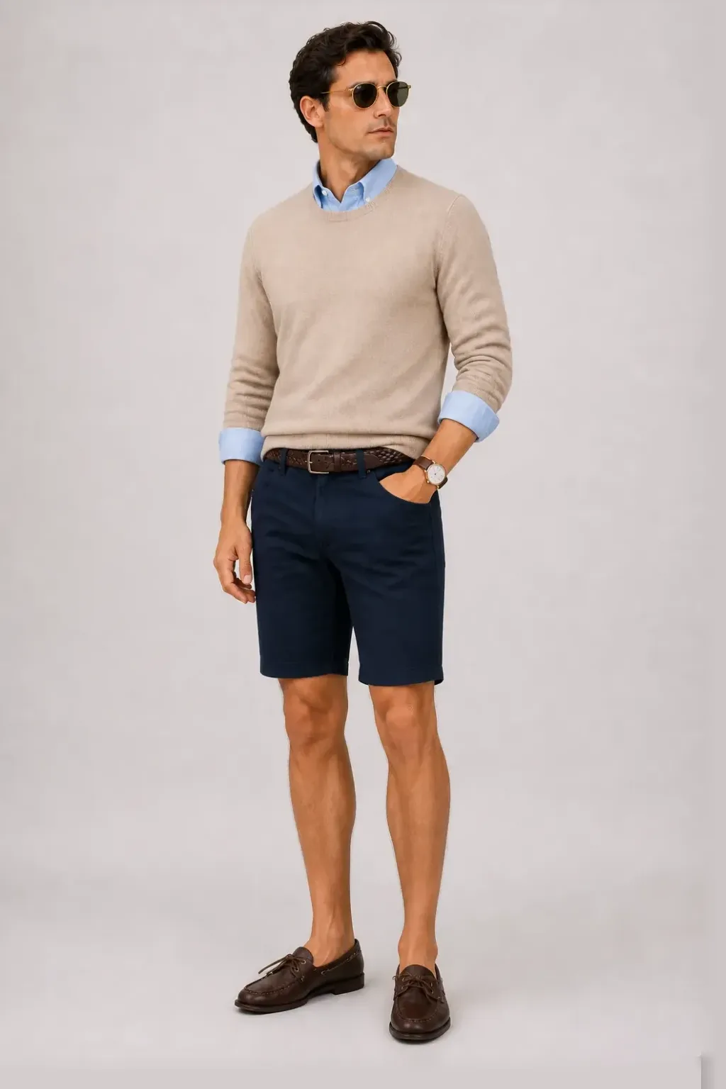 Crewneck-Pullover Feinstrick Beige über Button-Down-Hemd, dazu Chino-Shorts Navy und Bootsschuh — Button-Down-Hemd Hellblau