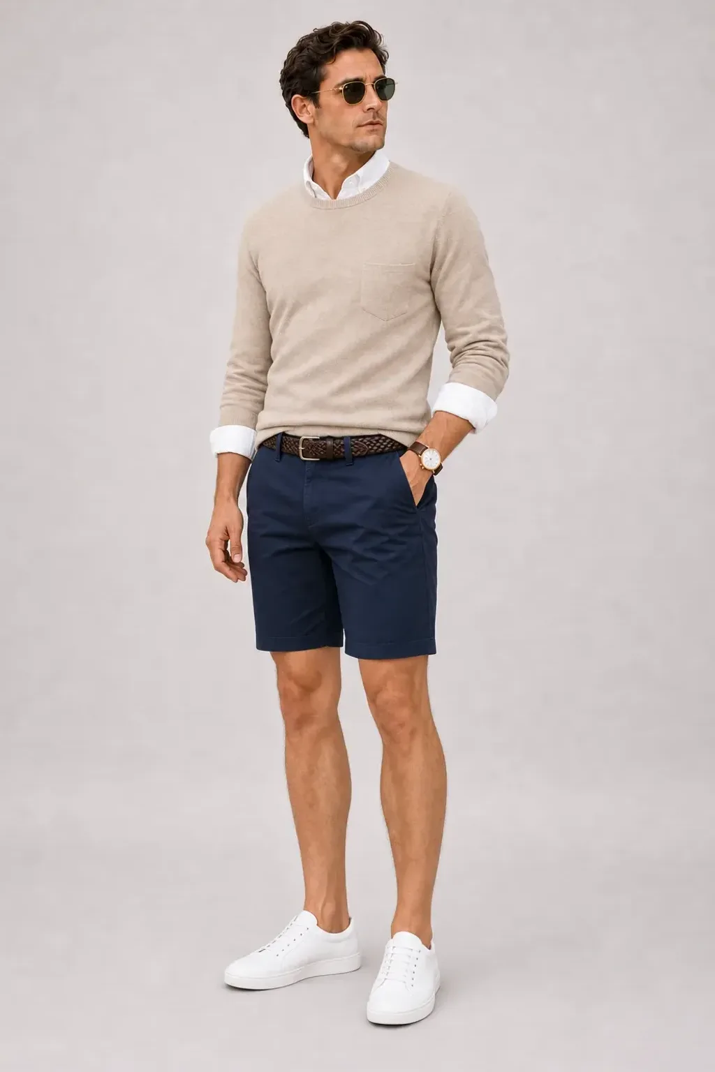Crewneck-Pullover Feinstrick Beige über Button-Down-Hemd, dazu Chino-Shorts Navy und Bootsschuh