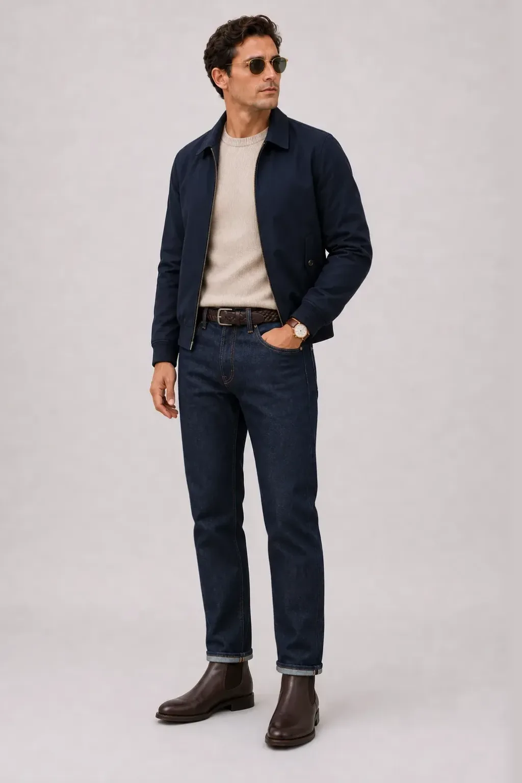 Harrington Blouson Navy über Crewneck-Pullover Feinstrick Beige, dazu Jeans Navy und Chelsea Boot