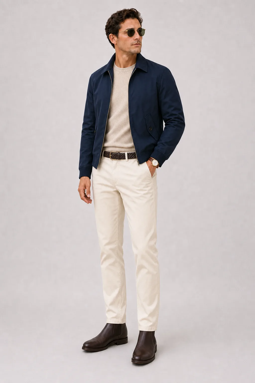 Harrington Blouson Navy über Button-Down-Hemd Hellblau und T-Shirt Weiss, dazu Chino Creme und Chelsea Boot — Crewneck-Pullover Feinstrick Beige