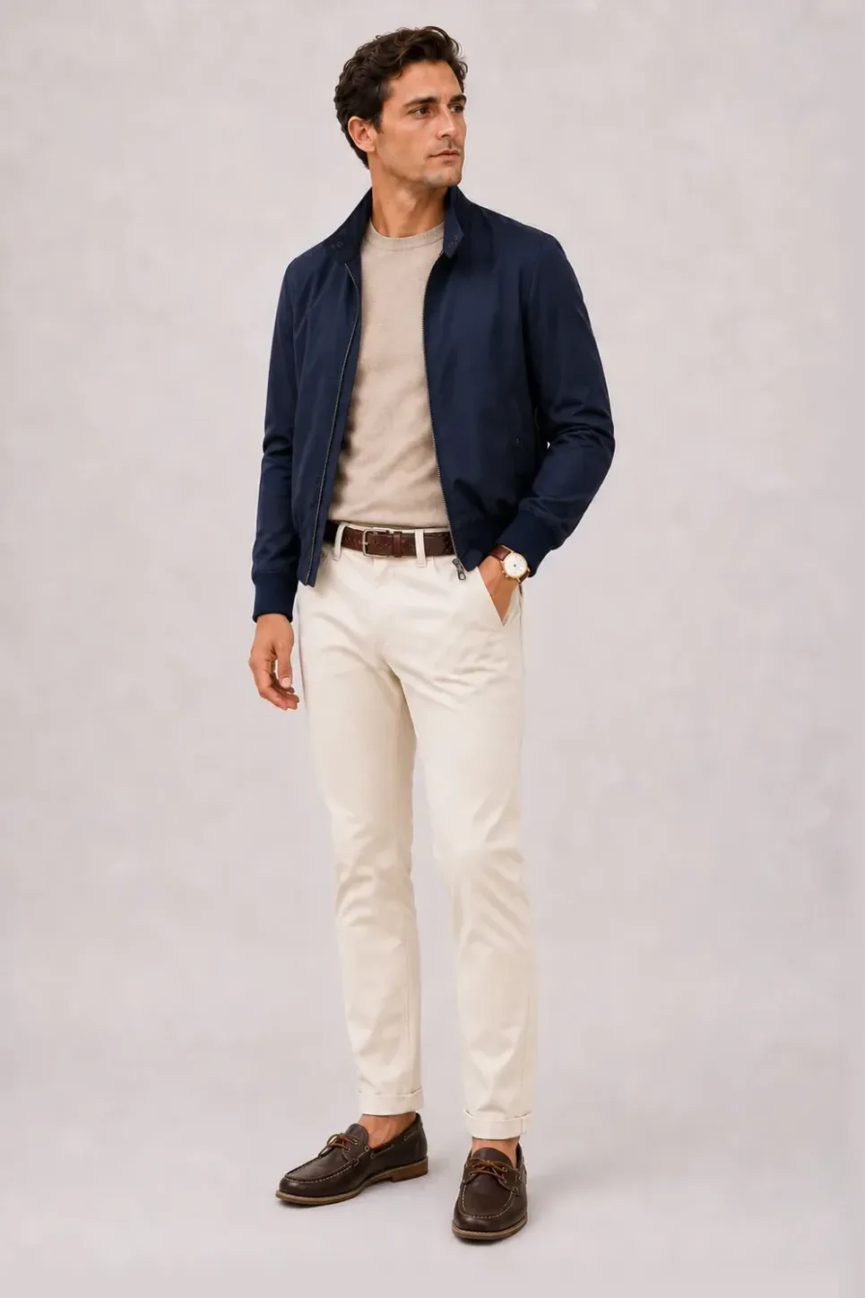 Harrington Blouson Navy über Crewneck-Pullover Feinstrick Beige, dazu Chino Creme und Chelsea Boot