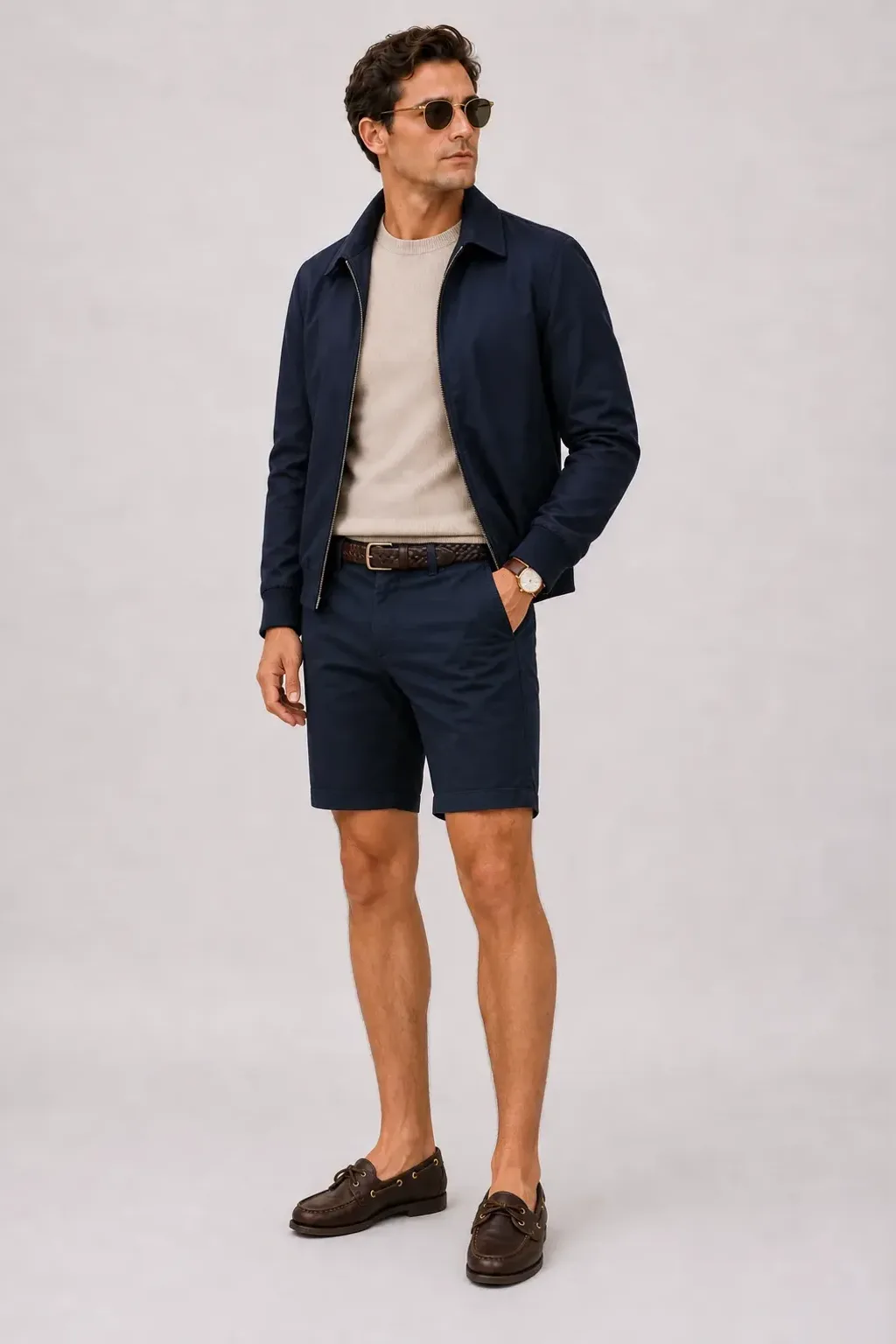 Harrington Blouson Navy über Button-Down-Hemd, dazu Chino-Shorts Navy und Bootsschuh — Crewneck-Pullover Feinstrick Beige