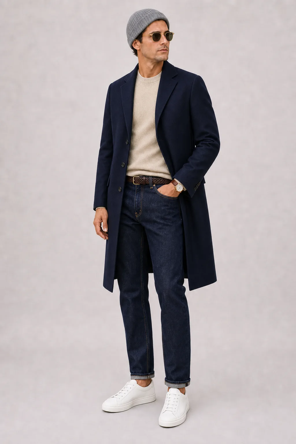 Langer Mantel Navy über Crewneck-Pullover Feinstrick Beige, dazu Jeans Navy und Sneaker