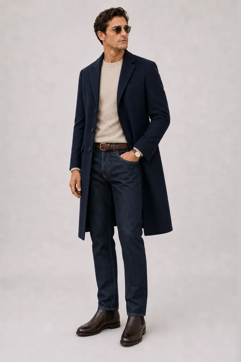Langer Mantel Navy über Crewneck-Pullover Feinstrick Beige, dazu Jeans Navy und Sneaker