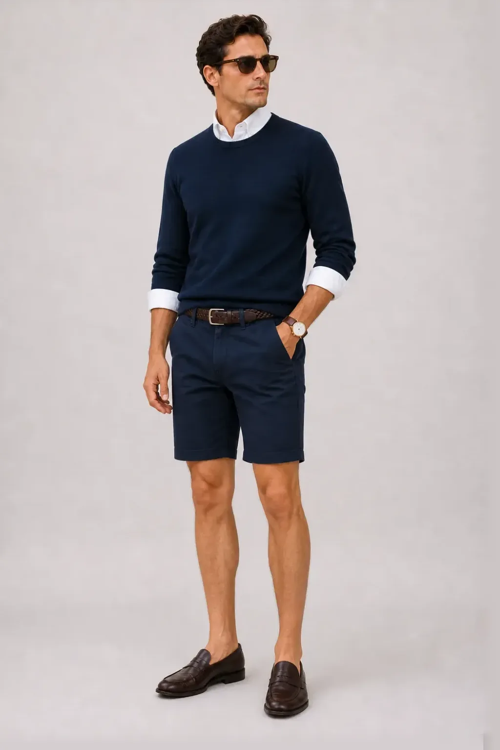 Crewneck-Pullover Feinstrick Navy über Button-Down-Hemd, dazu Chino-Shorts Navy und Penny Loafer