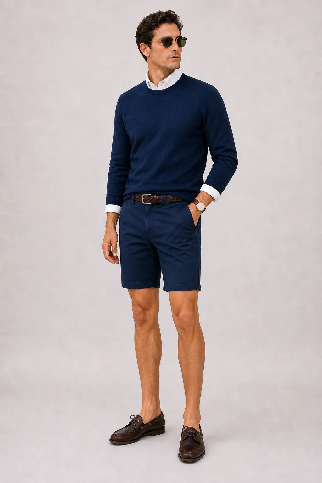 Crewneck-Pullover Feinstrick Navy über Button-Down-Hemd, dazu Chino-Shorts Navy und Penny Loafer — Bootsschuh Dunkelbraun