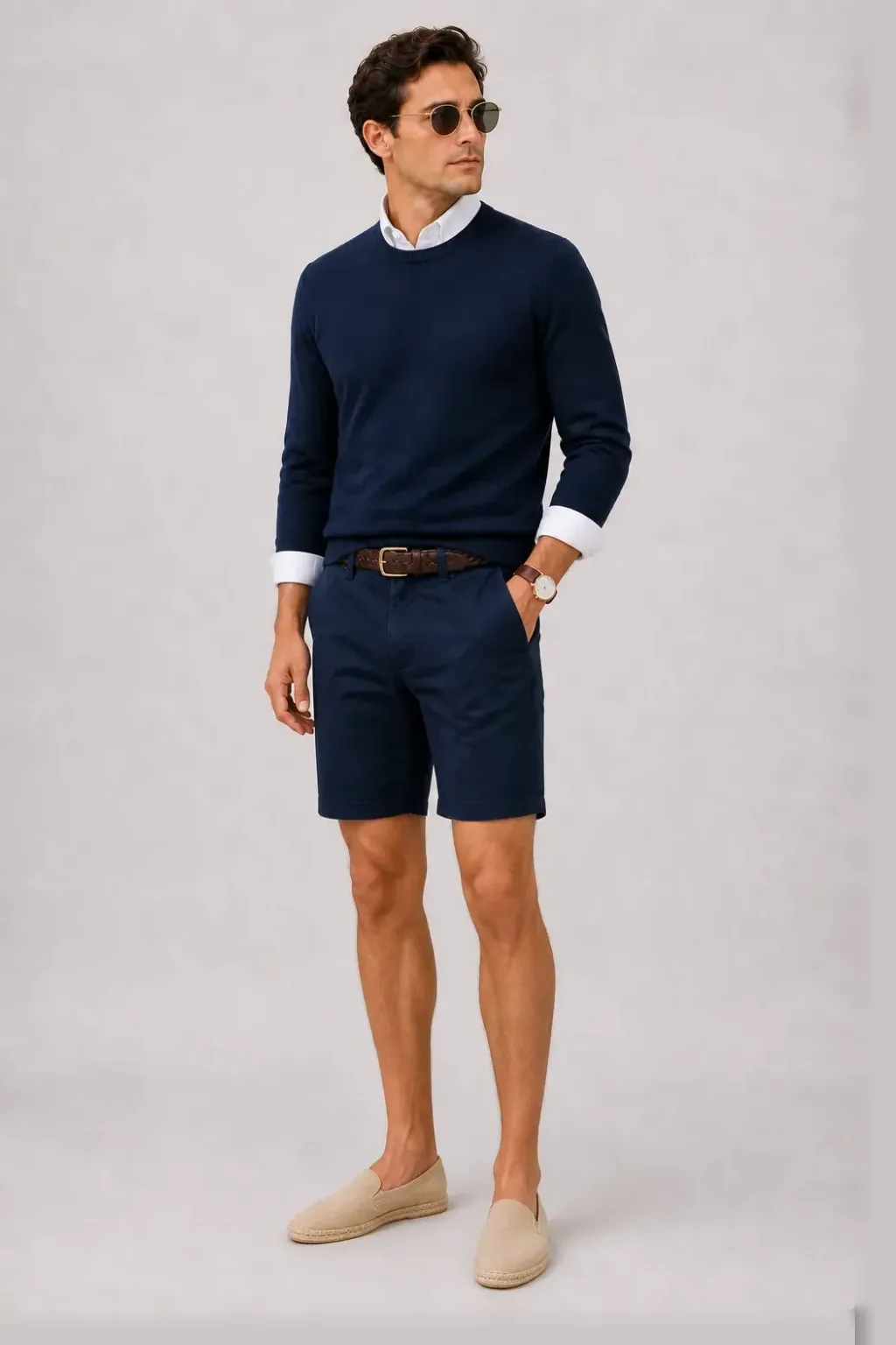 Crewneck-Pullover Feinstrick Navy über Button-Down-Hemd, dazu Chino-Shorts Navy und Penny Loafer — Espadrille Beige