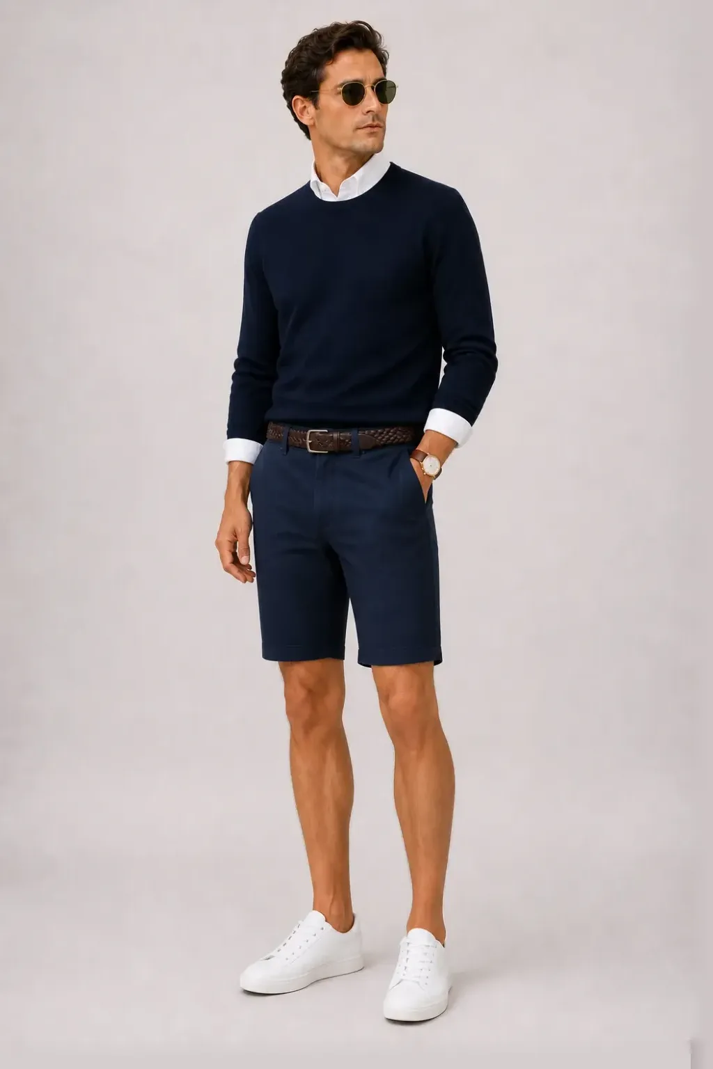 Crewneck-Pullover Feinstrick Navy über Button-Down-Hemd, dazu Chino-Shorts Navy und Penny Loafer — Sneaker Weiss