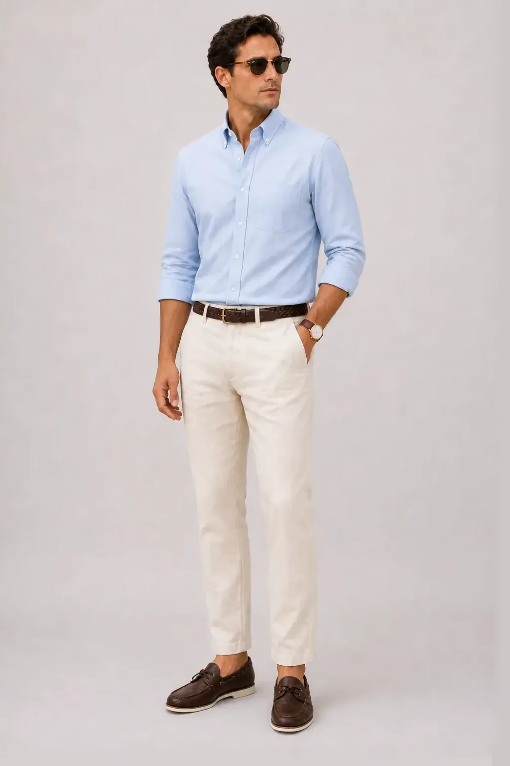 Button-Down-Hemd Hellblau, dazu Leinenhose Creme und Bootsschuh