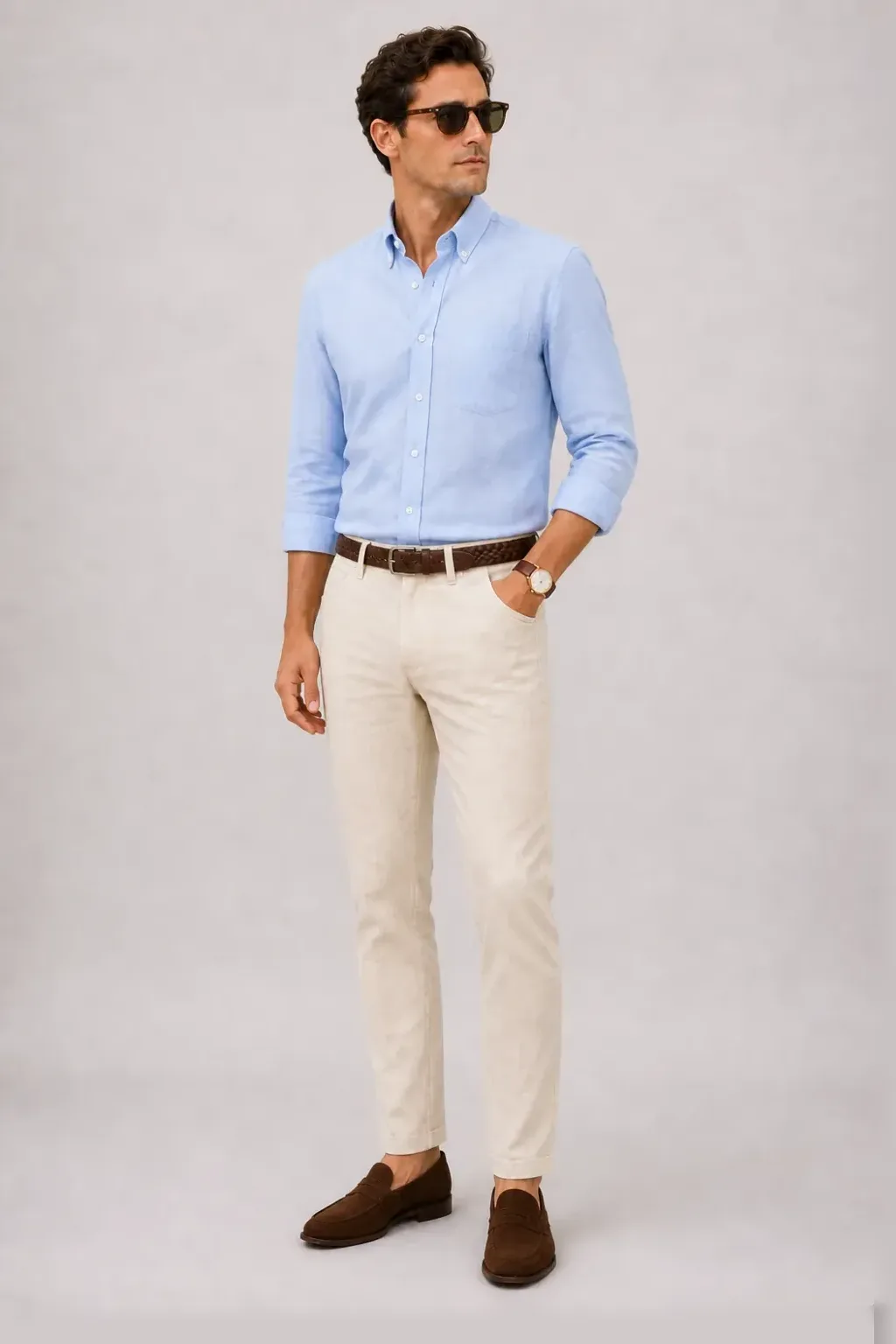 Button-Down-Hemd Hellblau, dazu Leinenhose Creme und Bootsschuh