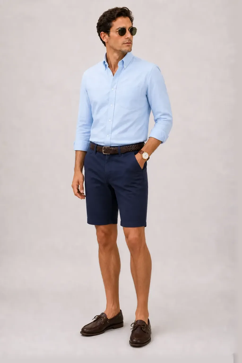 Button-Down-Hemd Hellblau, dazu Chino-Shorts Navy und Bootsschuh
