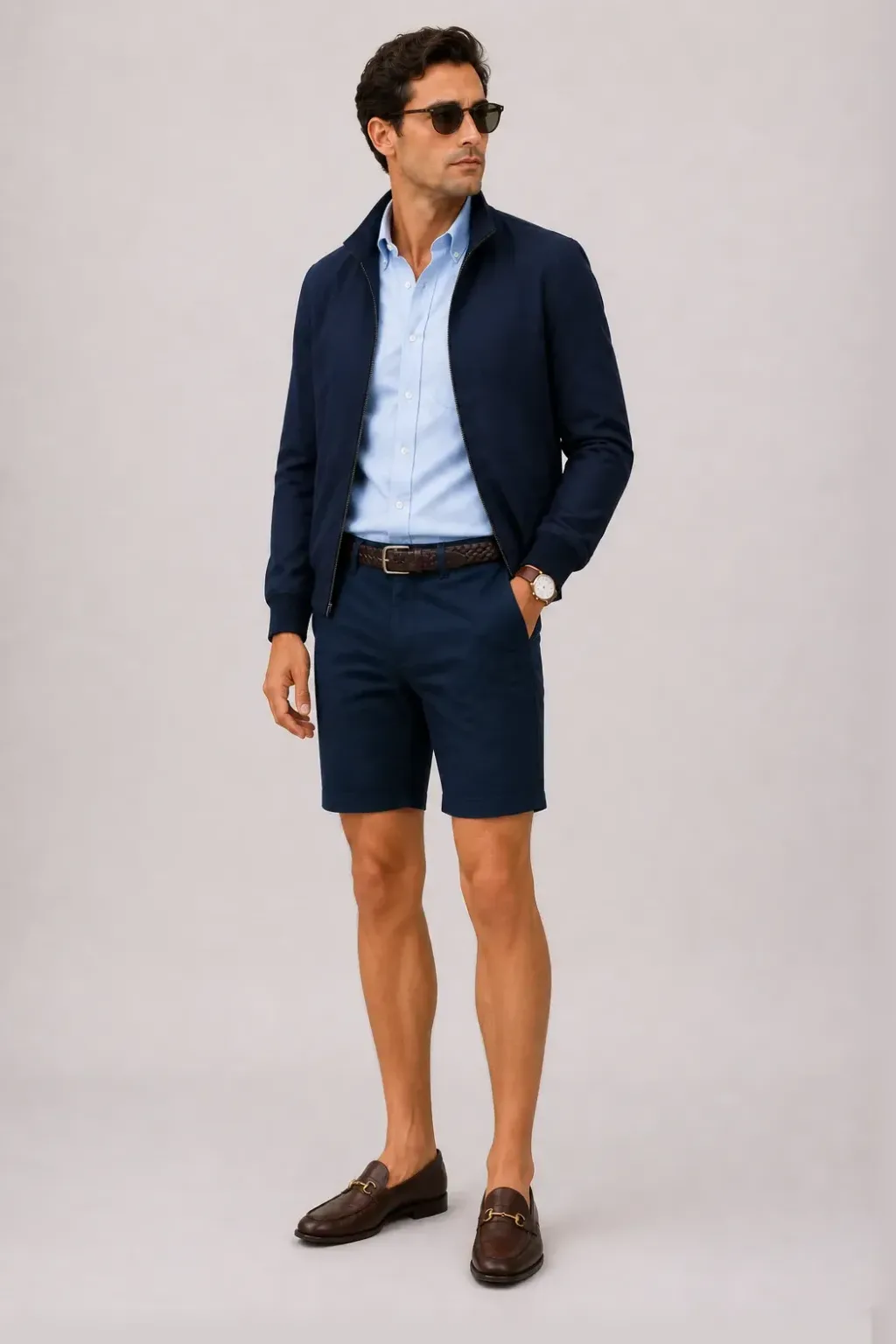 Harrington Blouson Navy über Button-Down-Hemd, dazu Chino-Shorts Navy und Bootsschuh