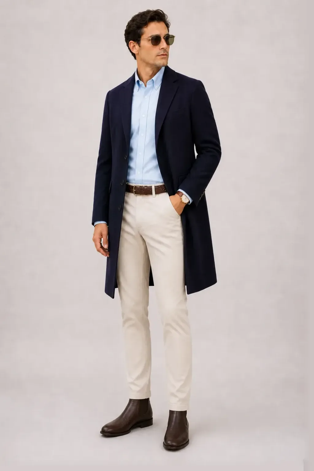 Langer Mantel Navy über T-Shirt, dazu Chino Creme und Chelsea Boot — Button-Down-Hemd Hellblau