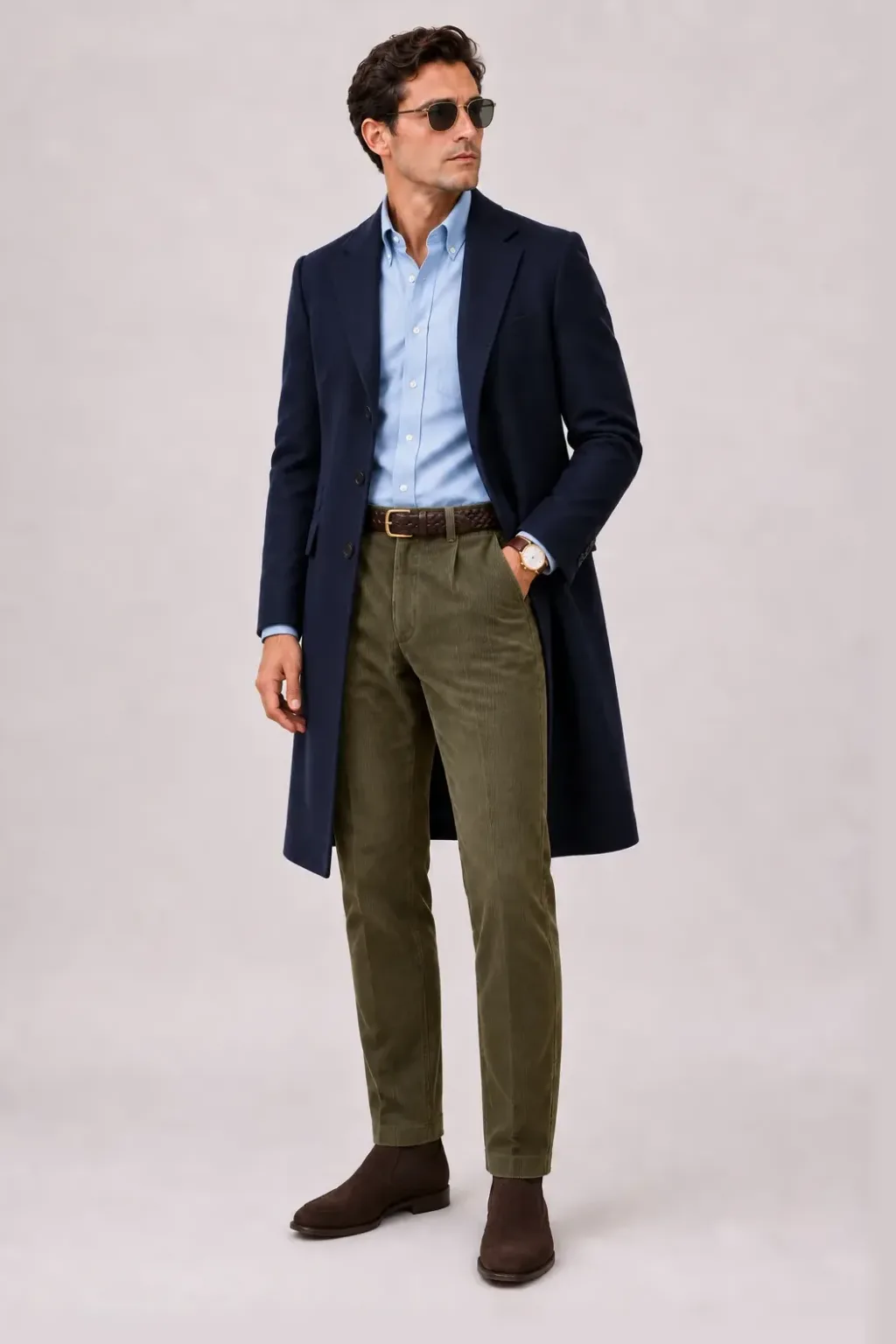 Langer Mantel Navy über Strickpolo, dazu Cordhose Oliv und Chelsea Boot Wildleder — Button-Down-Hemd Hellblau