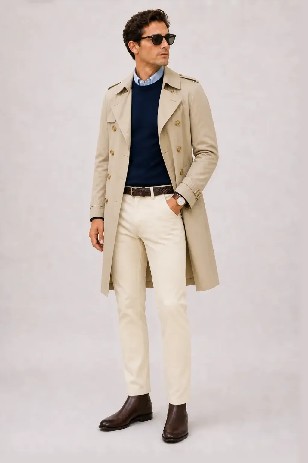 Trenchcoat Beige über Crewneck-Pullover Feinstrick, dazu Chino Creme und Chelsea Boot