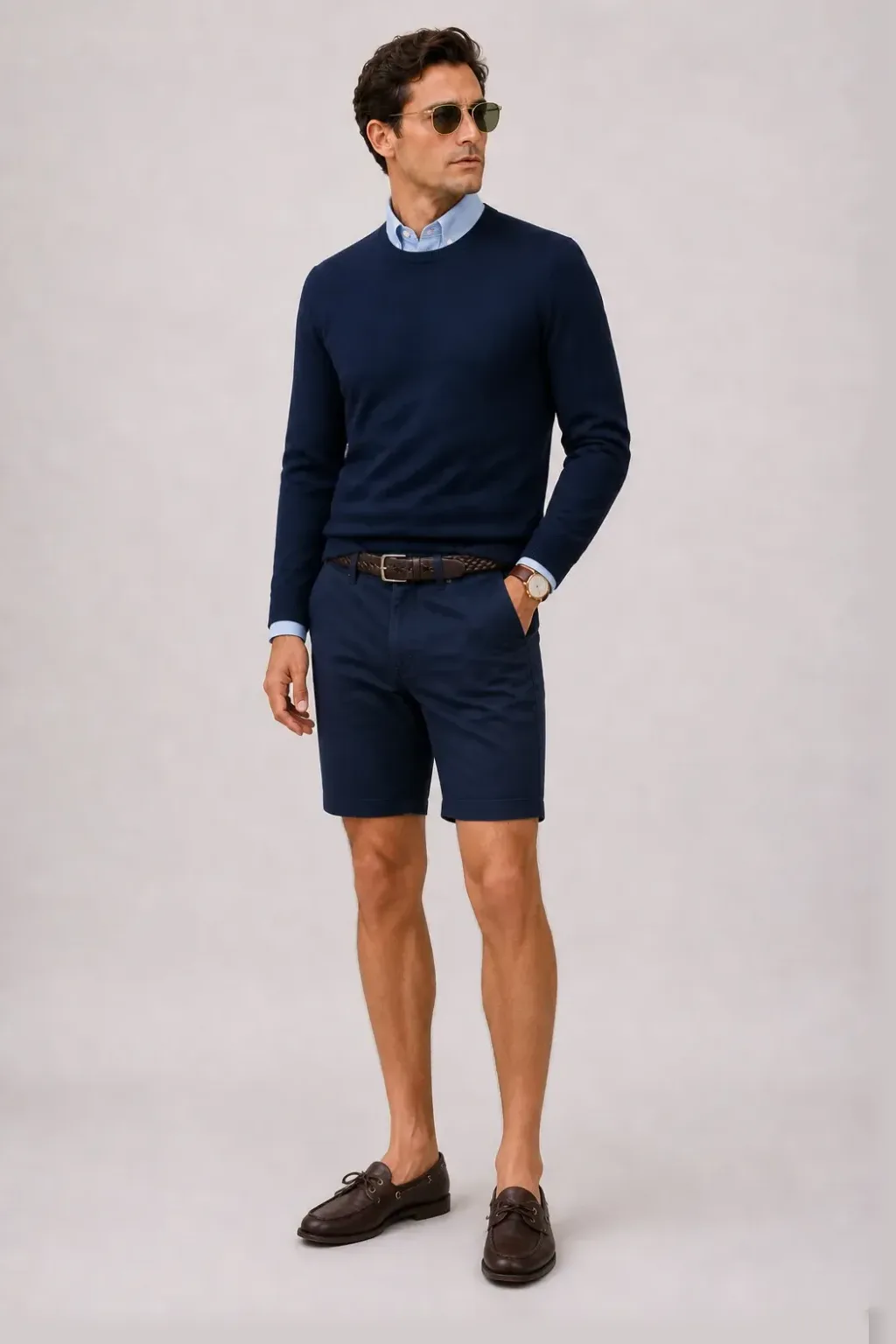Crewneck-Pullover Feinstrick Navy über Button-Down-Hemd, dazu Chino-Shorts Navy und Bootsschuh