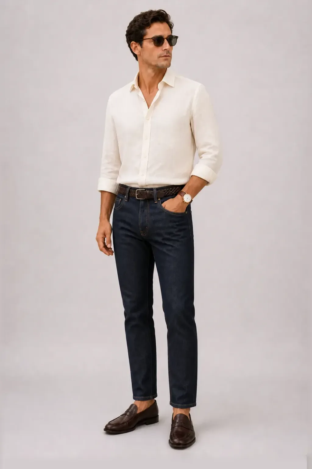 Leinenhemd Off-White, dazu Jeans Navy und Penny Loafer