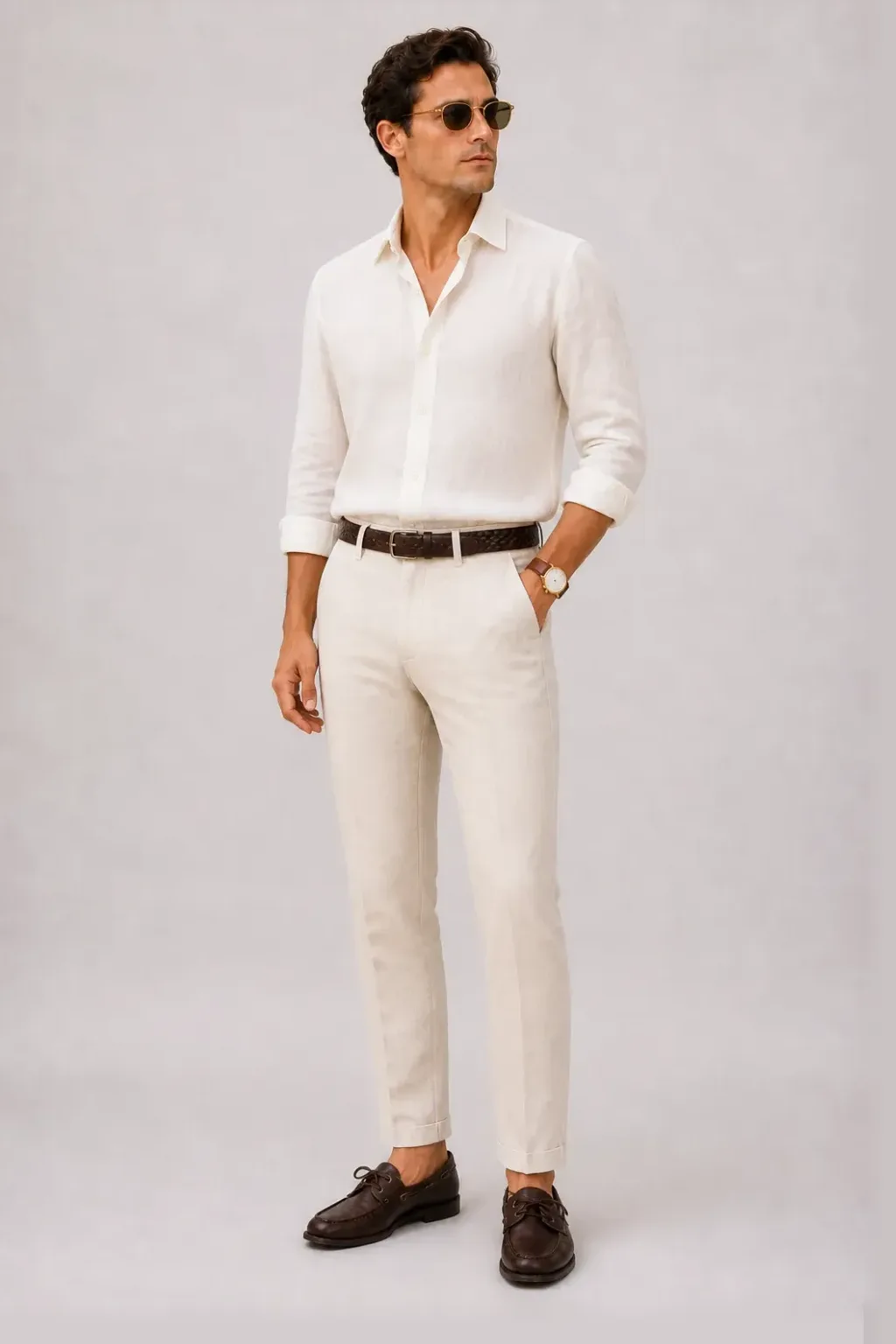 Leinenhemd Off-White, dazu Leinenhose Creme und Bootsschuh