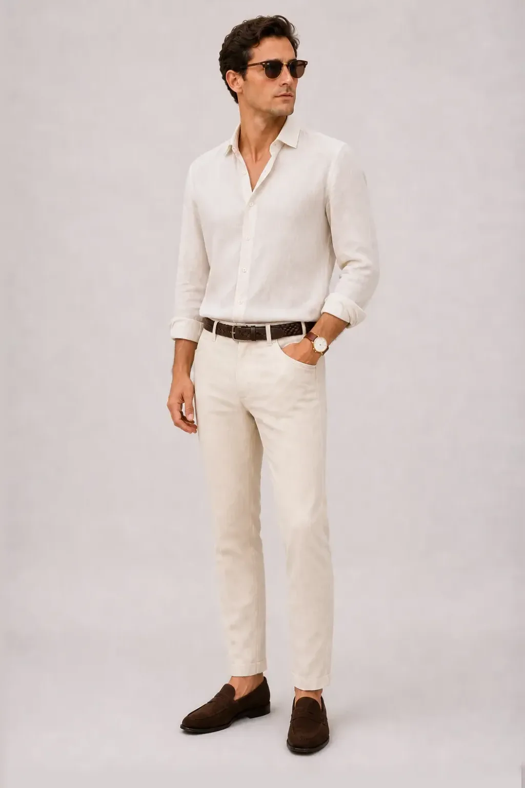 Leinenhemd Off-White, dazu Leinenhose Creme und Bootsschuh