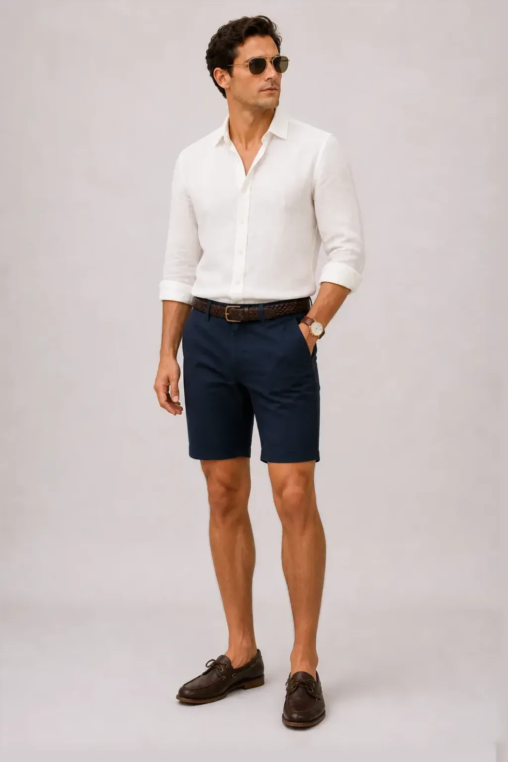 Leinenhemd Off-White, dazu Chino-Shorts Navy und Bootsschuh
