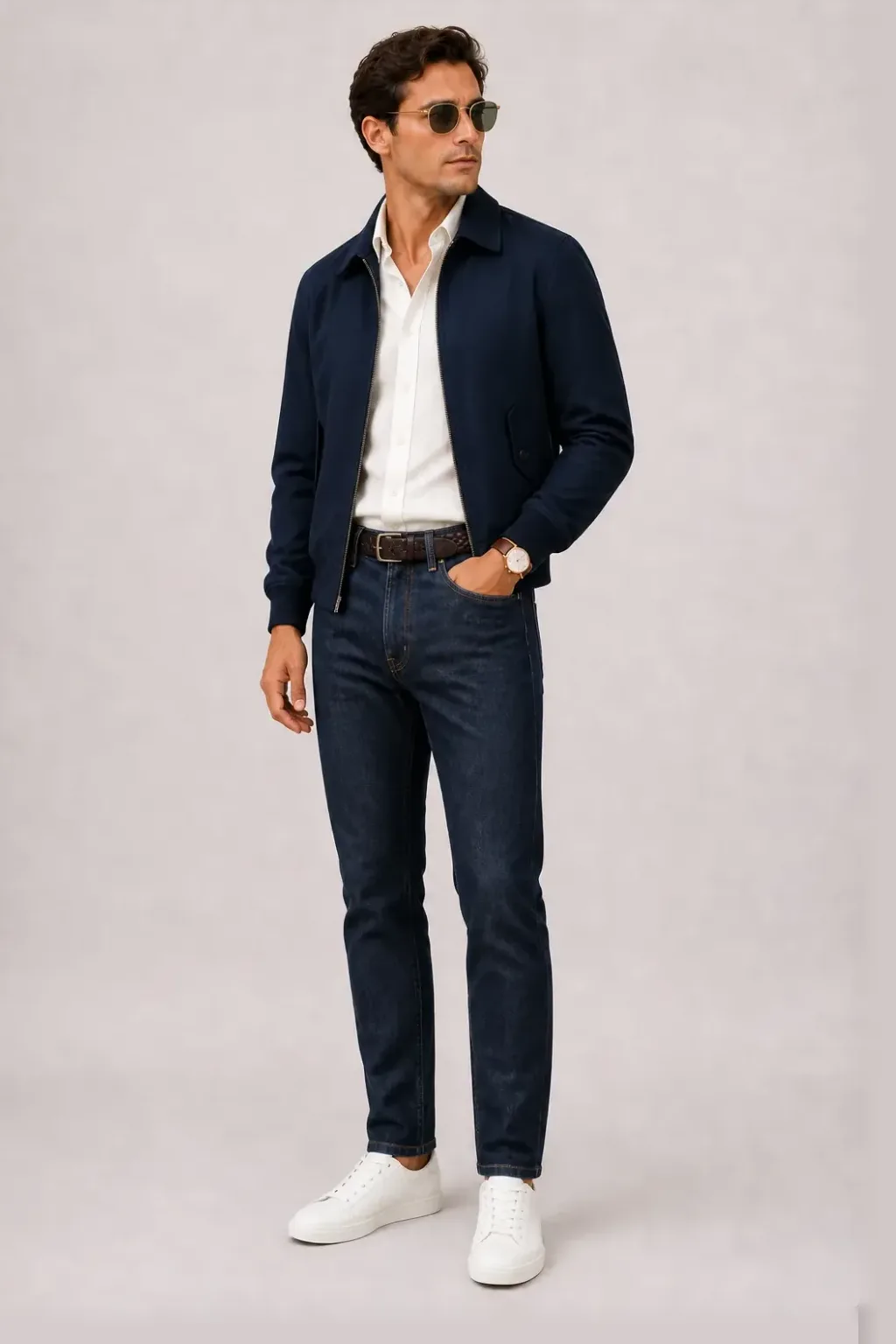 Harrington Blouson Navy über Leinenhemd, dazu Jeans Navy und Sneaker