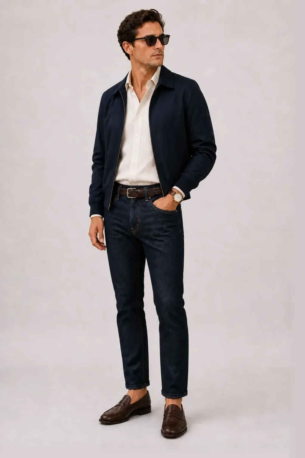 Harrington Blouson Navy über Leinenhemd, dazu Jeans Navy und Sneaker