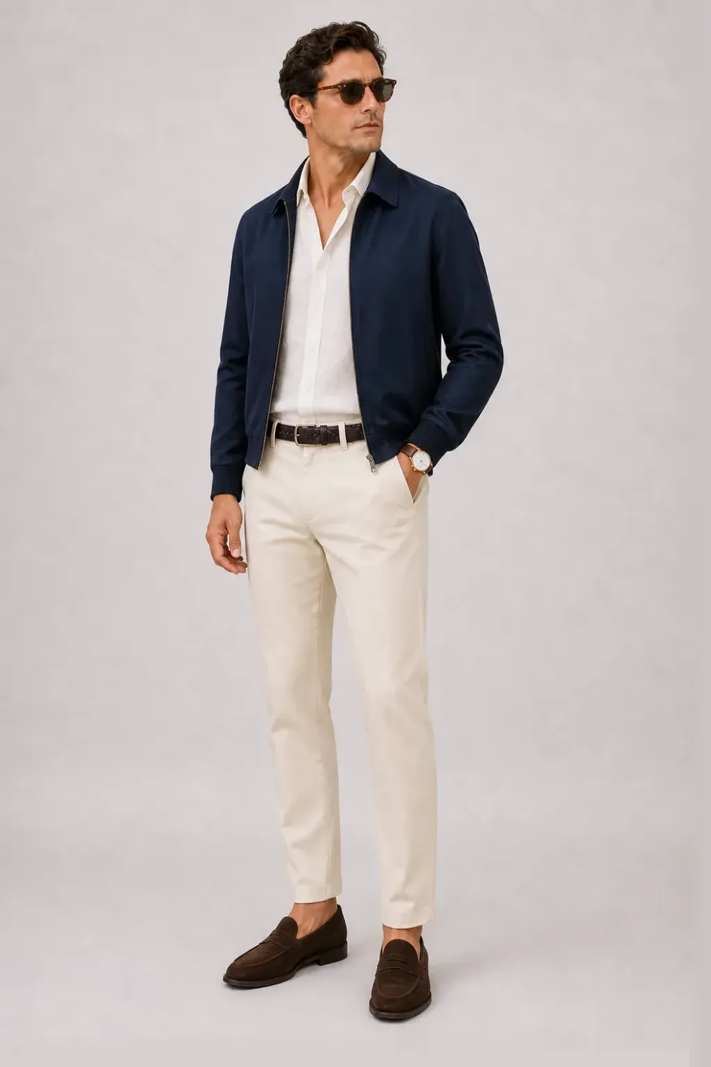 Harrington Blouson Navy über Leinenhemd, dazu Chino Creme und Penny Loafer Wildleder
