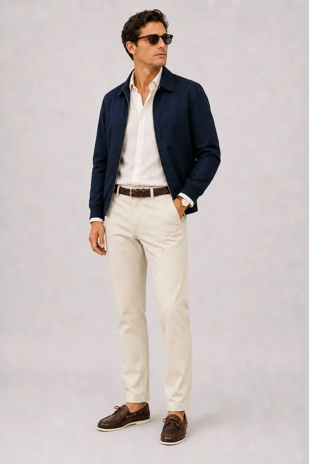 Harrington Blouson Navy über Leinenhemd, dazu Chino Creme und Penny Loafer Wildleder