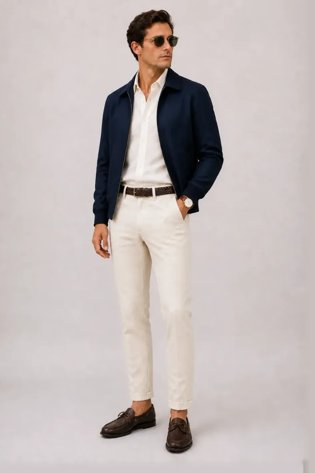 Harrington Blouson Navy über T-Shirt, dazu Leinenhose Creme und Bootsschuh — Leinenhemd Off-White