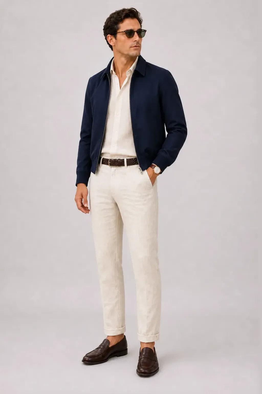 Harrington Blouson Navy über Leinenhemd Off-White, dazu Leinenhose Creme und Bootsschuh