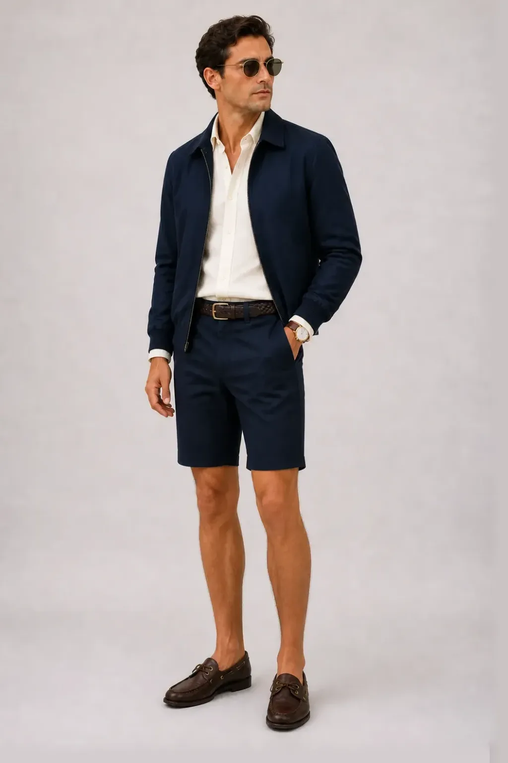 Harrington Blouson Navy über Button-Down-Hemd, dazu Chino-Shorts Navy und Bootsschuh — Leinenhemd Off-White