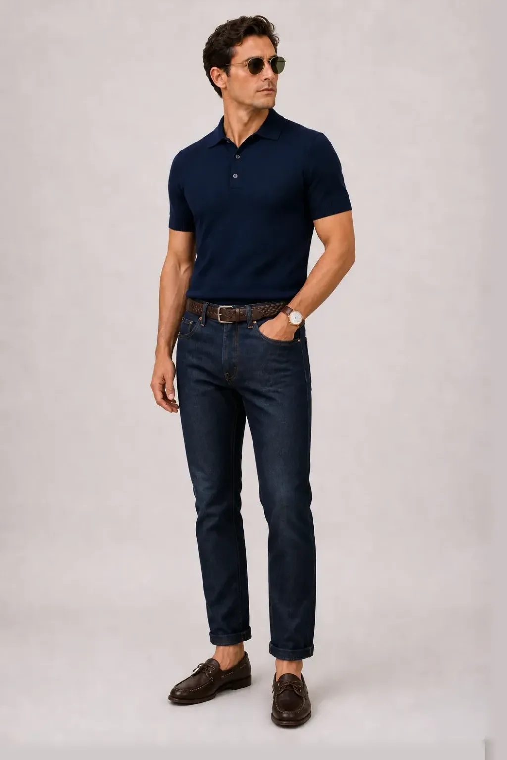 Strickpolo Navy, dazu Jeans Navy und Bootsschuh