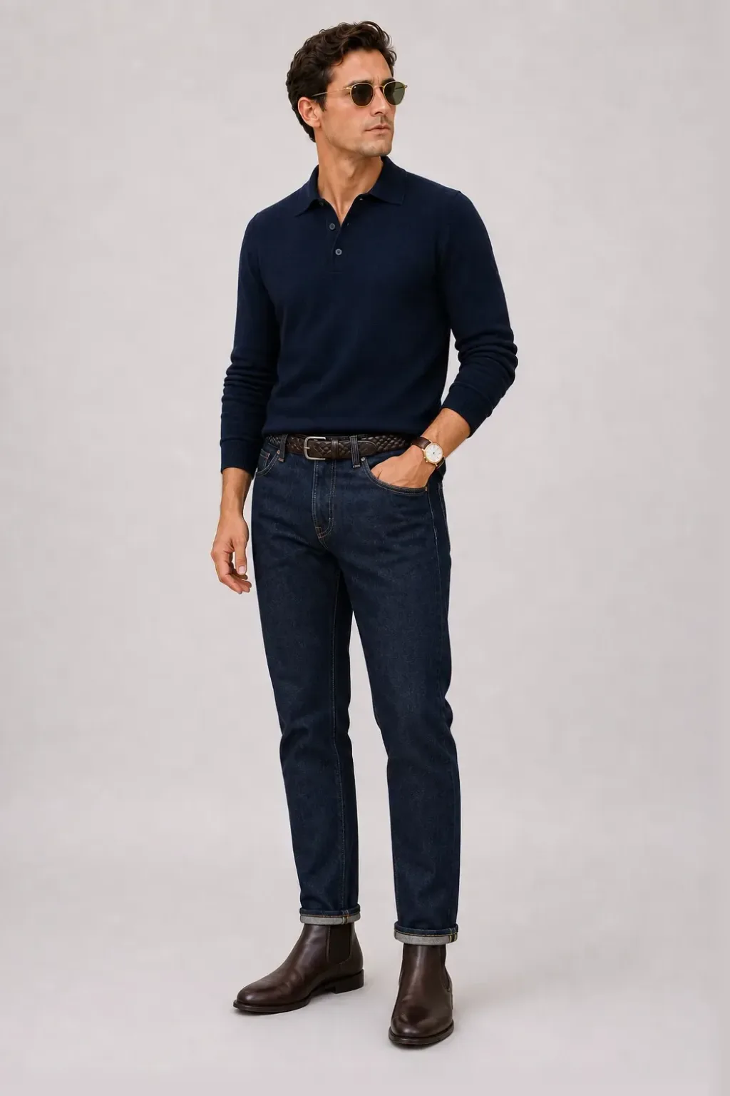 Strickpolo Navy, dazu Jeans Navy und Bootsschuh
