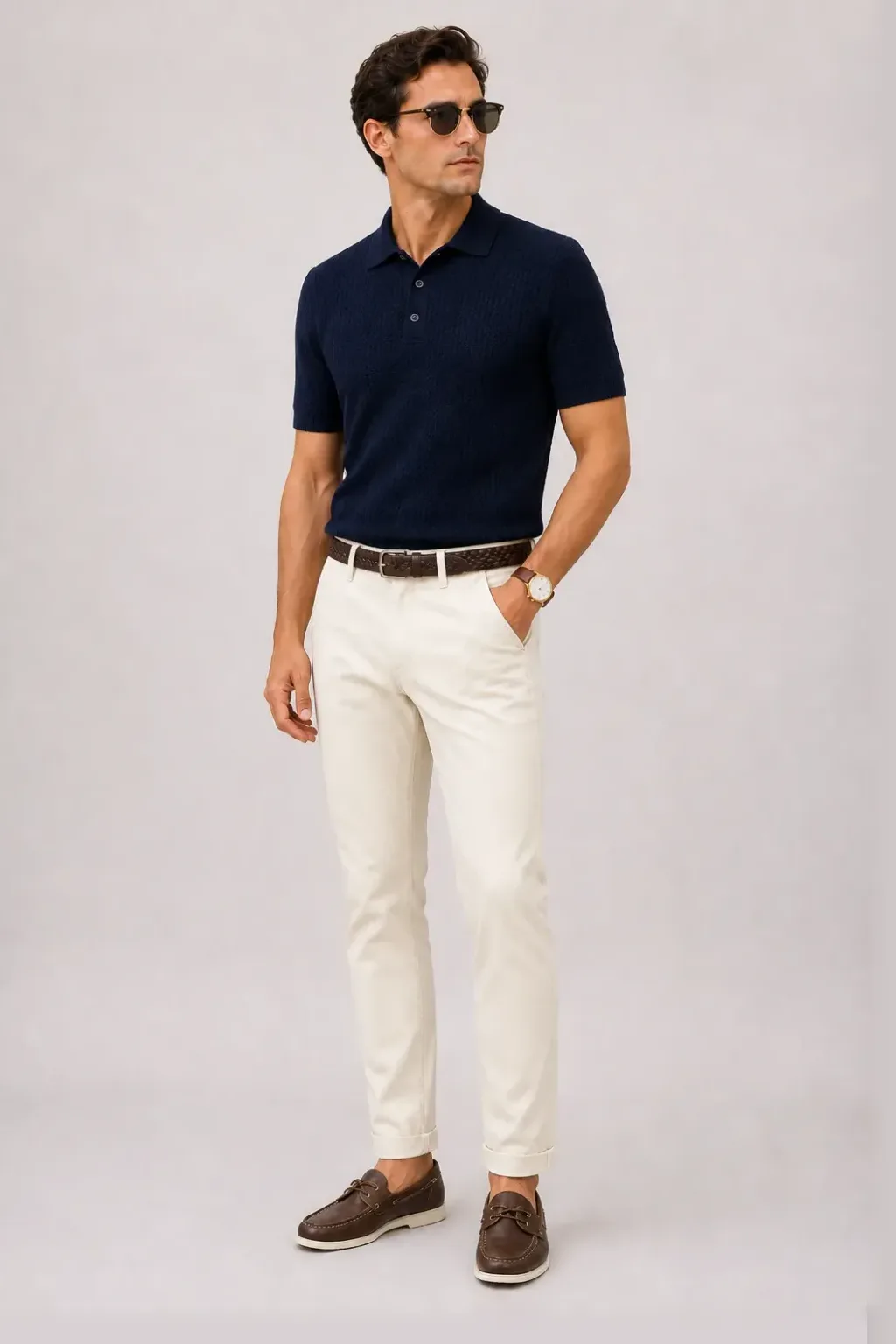 Strickpolo Navy, dazu Chino Creme und Bootsschuh