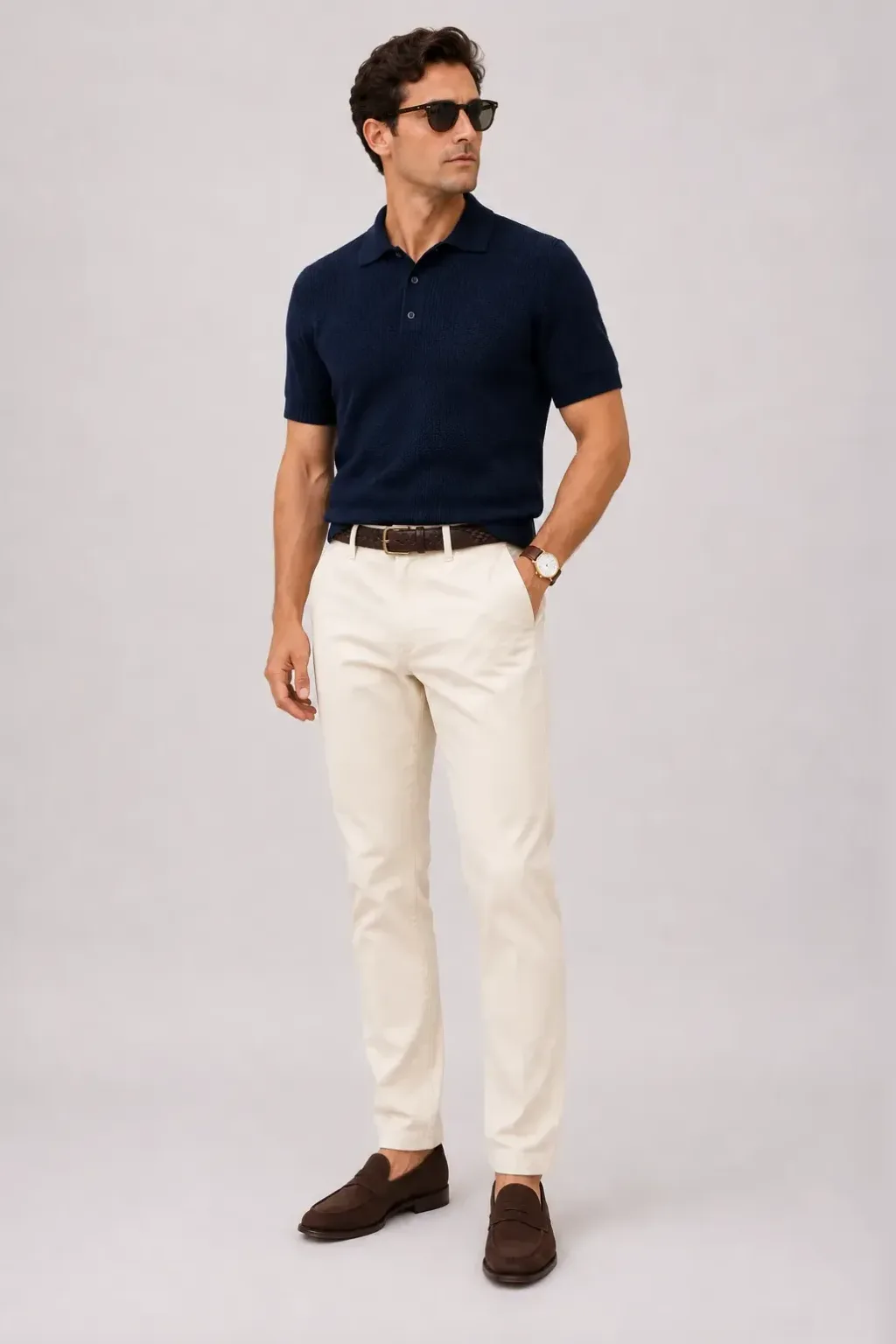 Strickpolo Navy, dazu Chino Creme und Bootsschuh