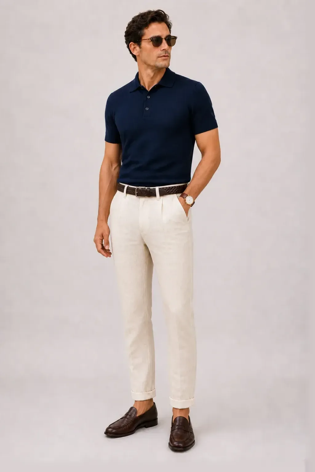 Strickpolo Navy, dazu Leinenhose Creme und Bootsschuh