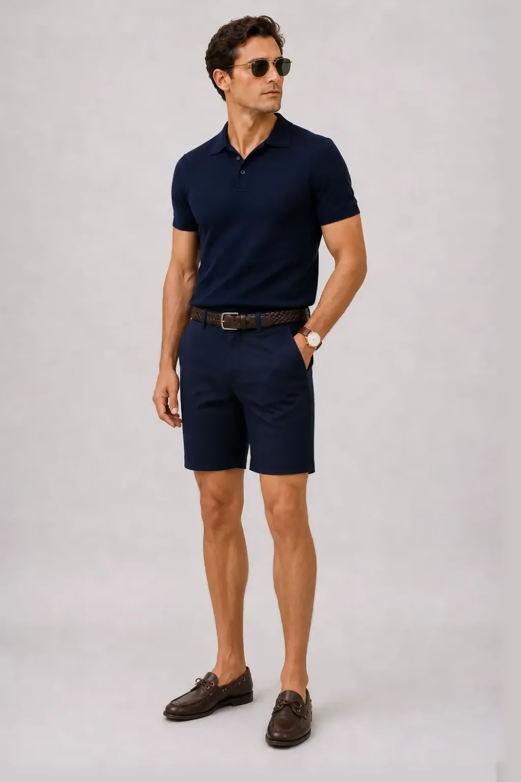 Strickpolo Navy, dazu Chino-Shorts Navy und Bootsschuh