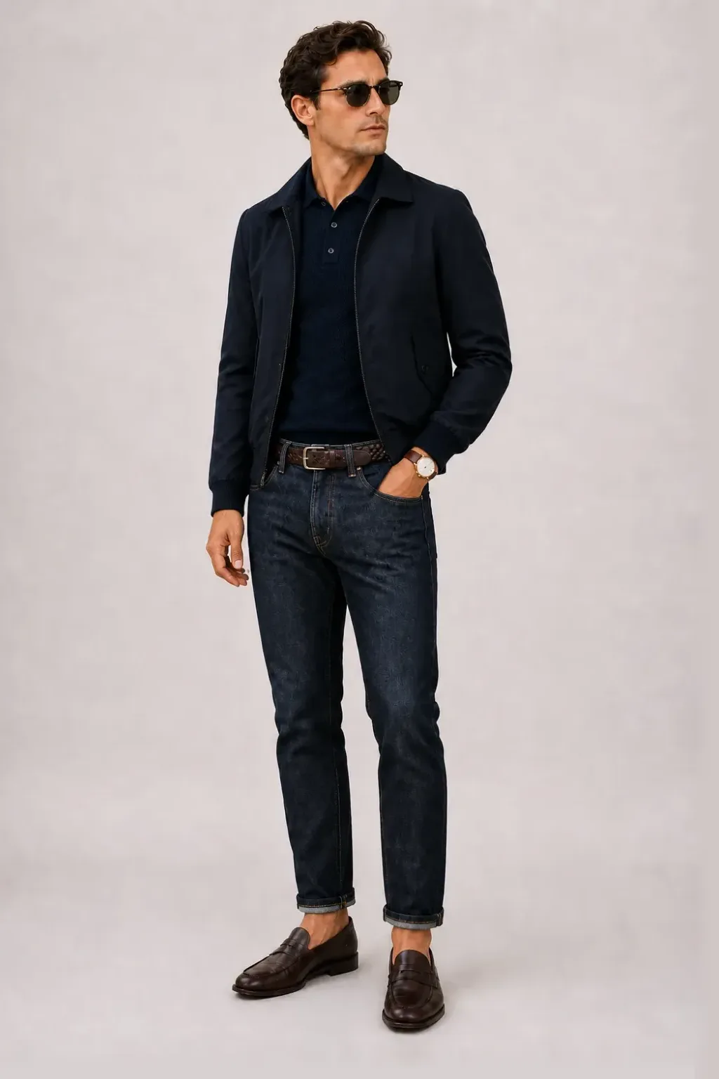 Harrington Blouson Navy über Strickpolo, dazu Jeans Navy und Penny Loafer