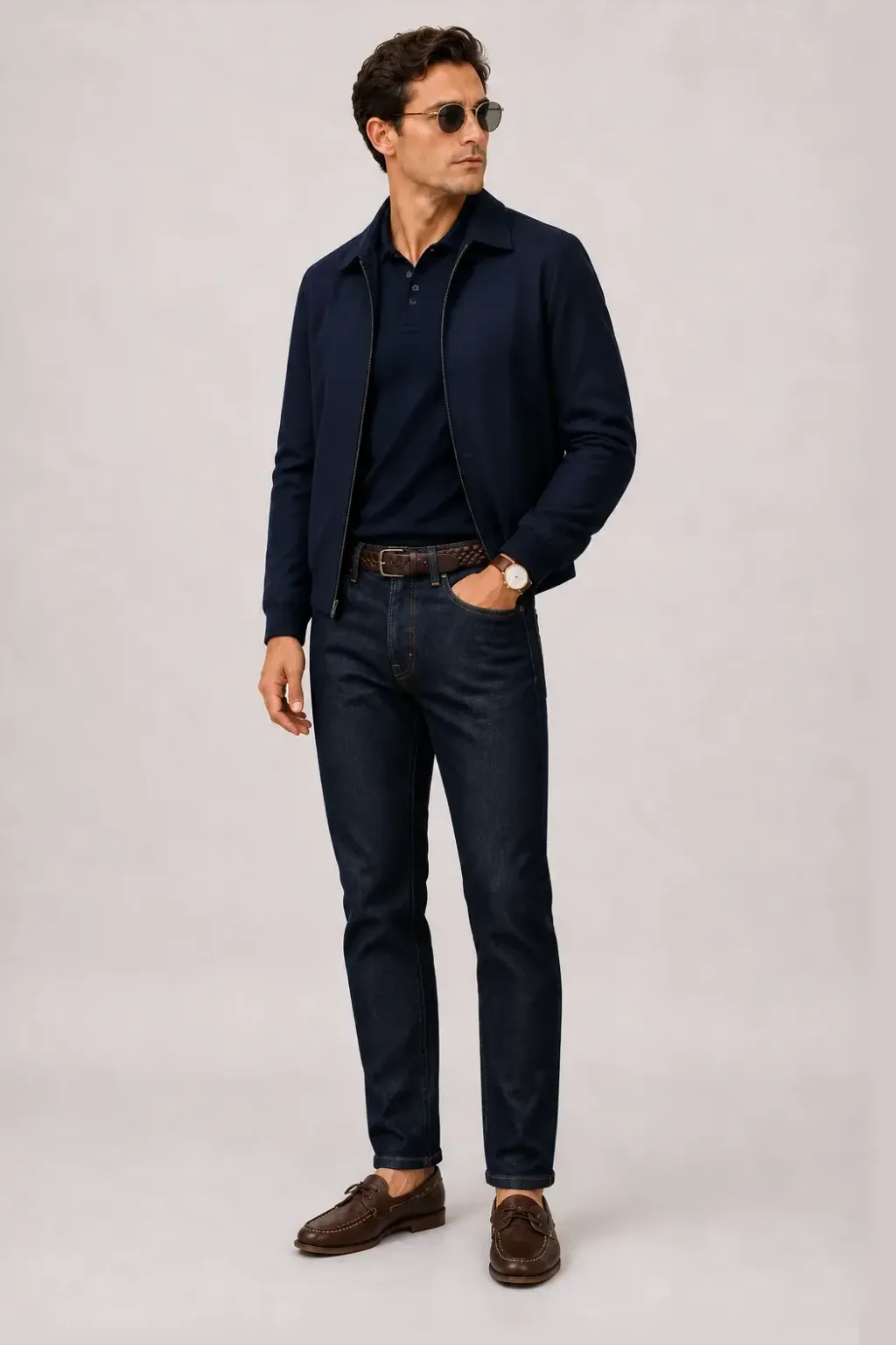 Harrington Blouson Navy über Strickpolo, dazu Jeans Navy und Penny Loafer