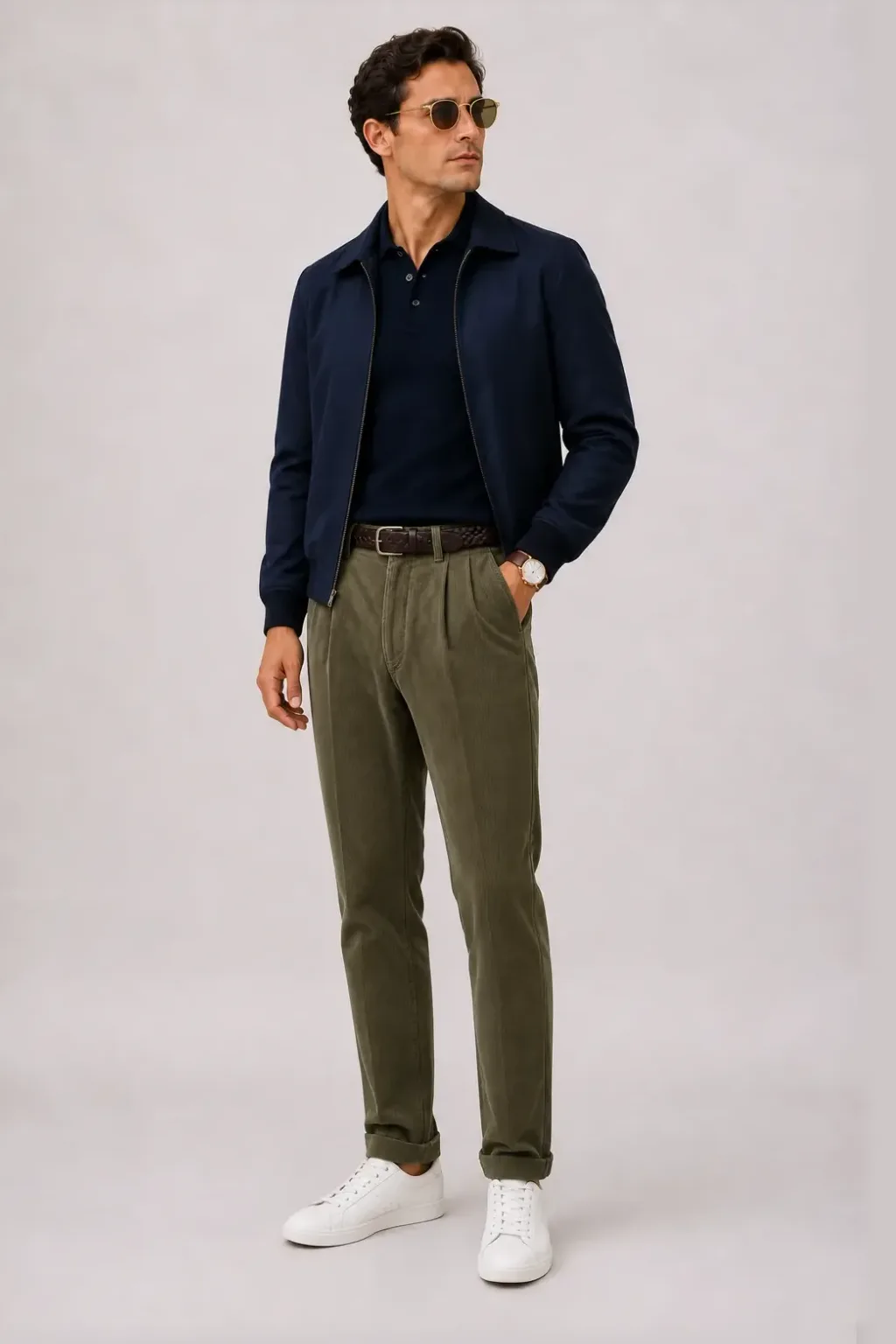 Harrington Blouson Navy über Strickpolo, dazu Cordhose Oliv und Sneaker