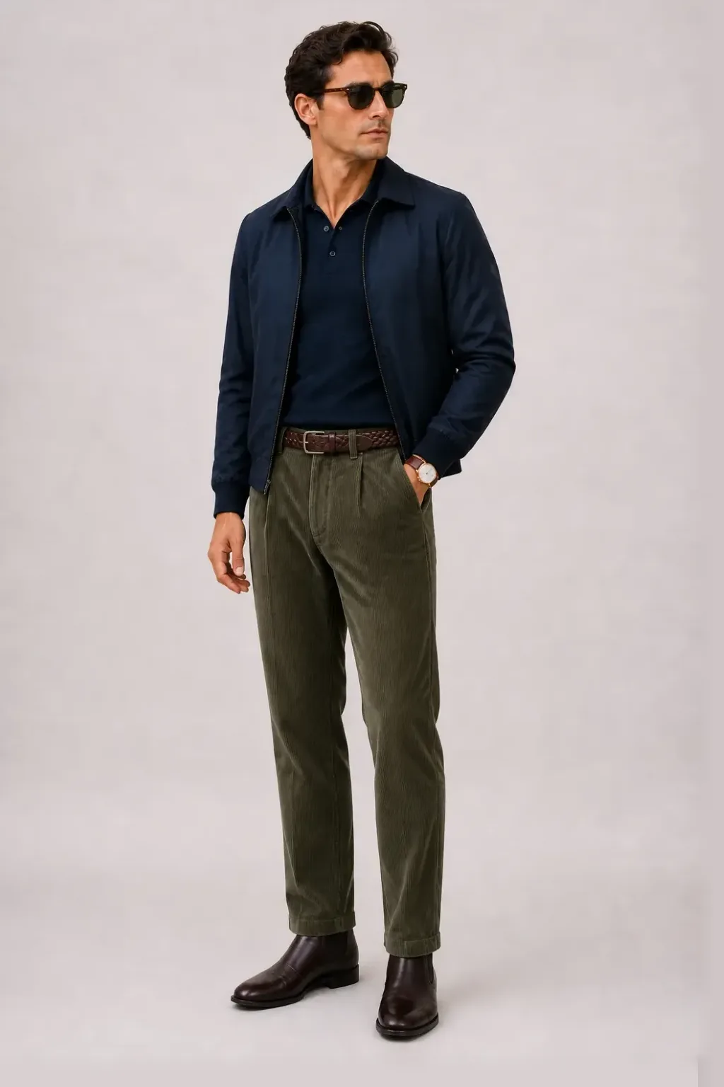 Harrington Blouson Navy über Strickpolo, dazu Cordhose Oliv und Sneaker