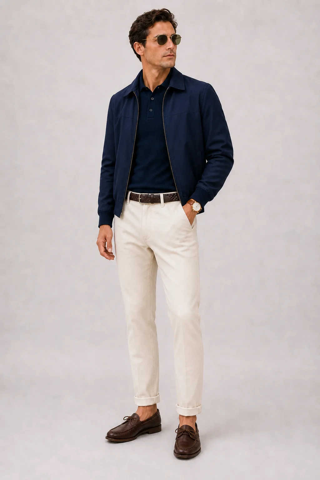 Harrington Blouson Navy über Strickpolo, dazu Leinenhose Creme und Bootsschuh