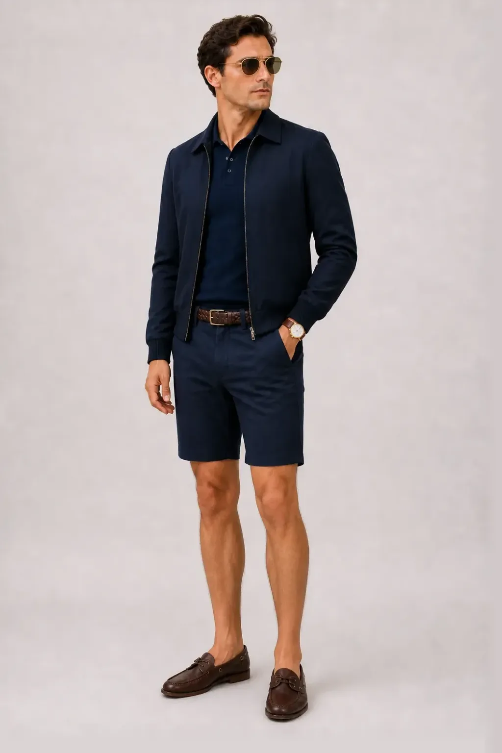 Harrington Blouson Navy über Button-Down-Hemd, dazu Chino-Shorts Navy und Bootsschuh — Strickpolo Navy