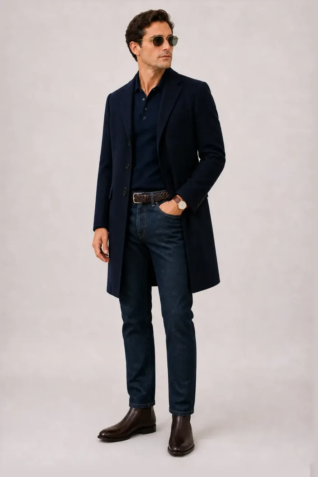 Langer Mantel Navy über T-Shirt Oliv, dazu Jeans Navy und Chelsea Boot — Strickpolo Navy