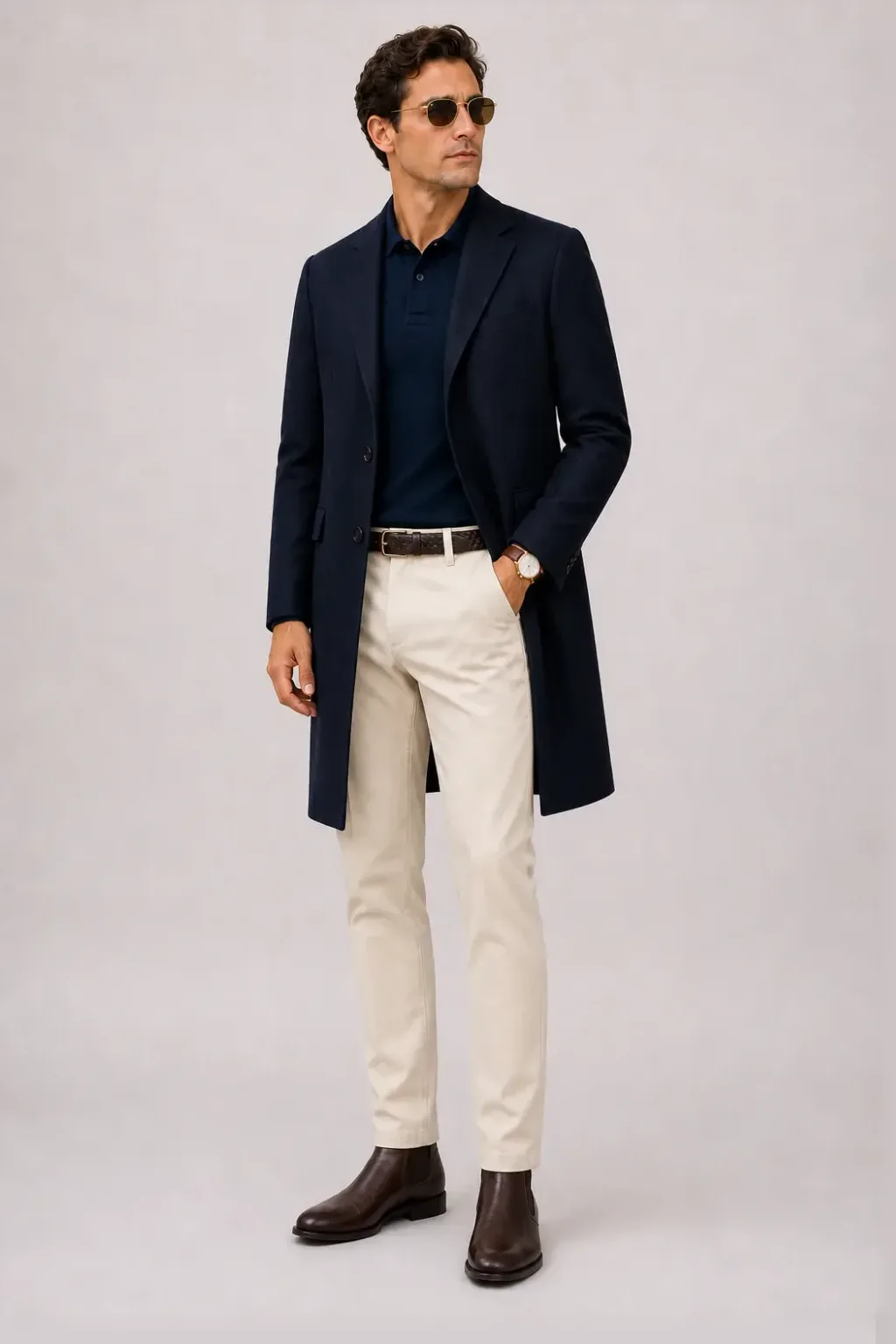 Langer Mantel Navy über T-Shirt, dazu Chino Creme und Chelsea Boot — Strickpolo Navy