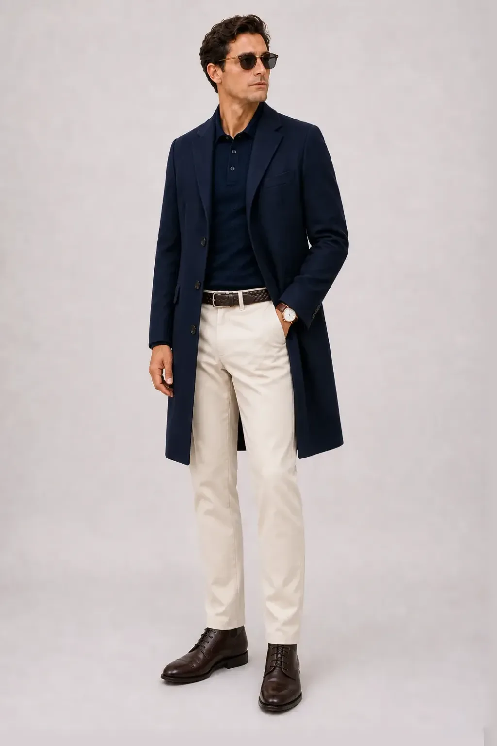 Langer Mantel Navy über Strickpolo Navy, dazu Chino Creme und Chelsea Boot
