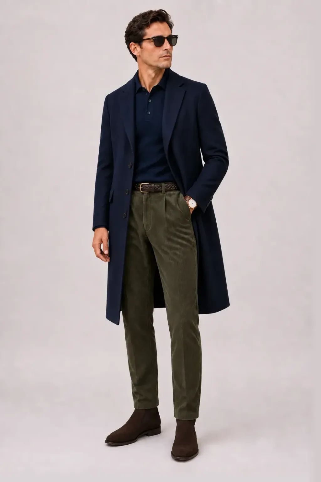 Langer Mantel Navy über Crewneck-Pullover Feinstrick Navy und Button-Down-Hemd Weiss, dazu Cordhose Oliv und Sneaker — ≈ Strickpolo pur Chelsea Boot Wildleder statt Sneaker