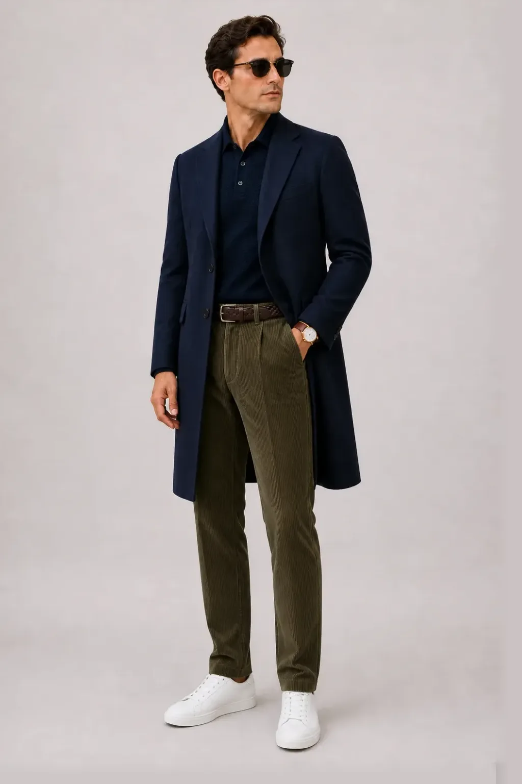 Langer Mantel Navy über Strickpolo, dazu Cordhose Oliv und Chelsea Boot Wildleder