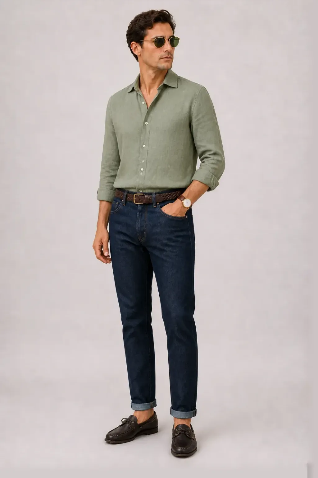 Leinenhemd Salbei, dazu Jeans Navy und Bootsschuh